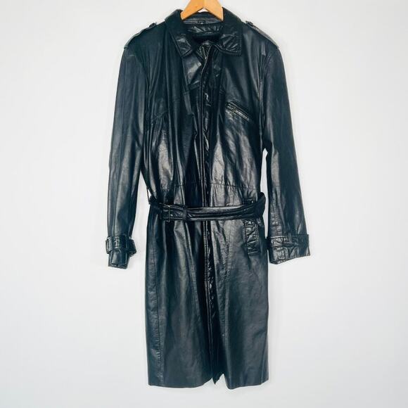 Saxony Jackets & Blazers - Vintage 90s Saxony Black Leather Oversized Belted Mid Trench Coat Jacket Women